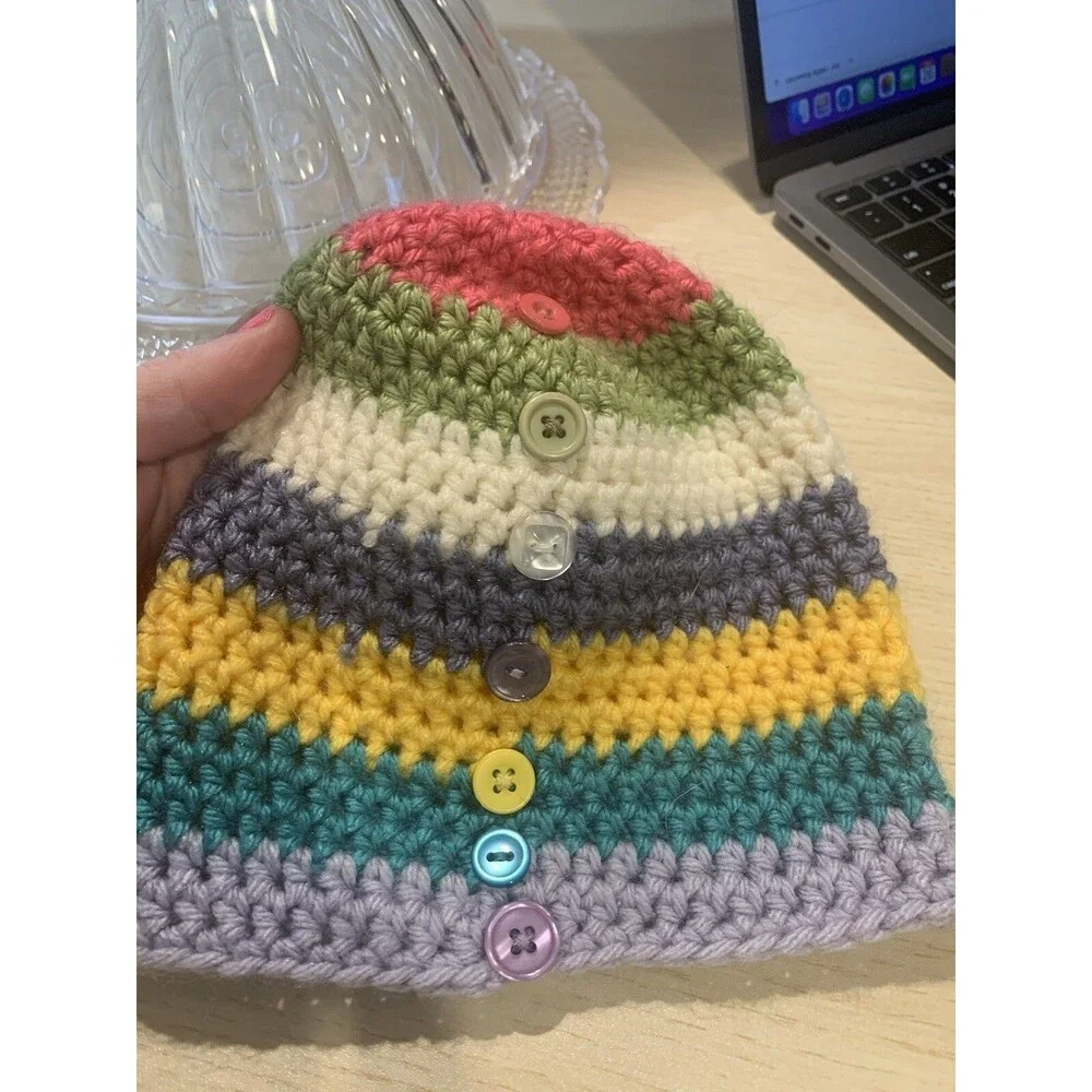 Handmade Baby Knit Beanie rainbow colors and buttons Unisex Beanie One size